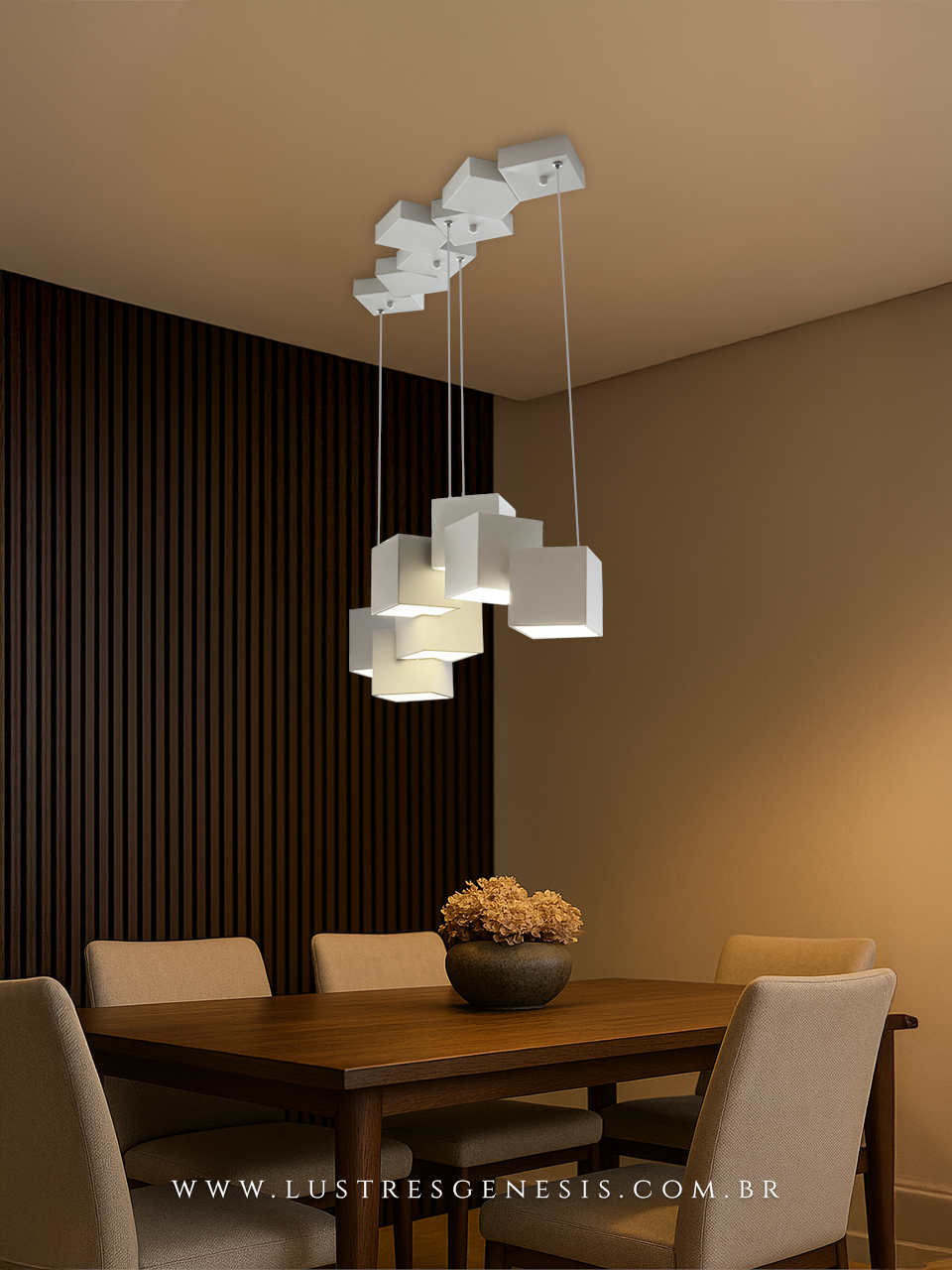 Lustre Pendente Quadrados Brancos Sogno com LED em uma mesa de jantar